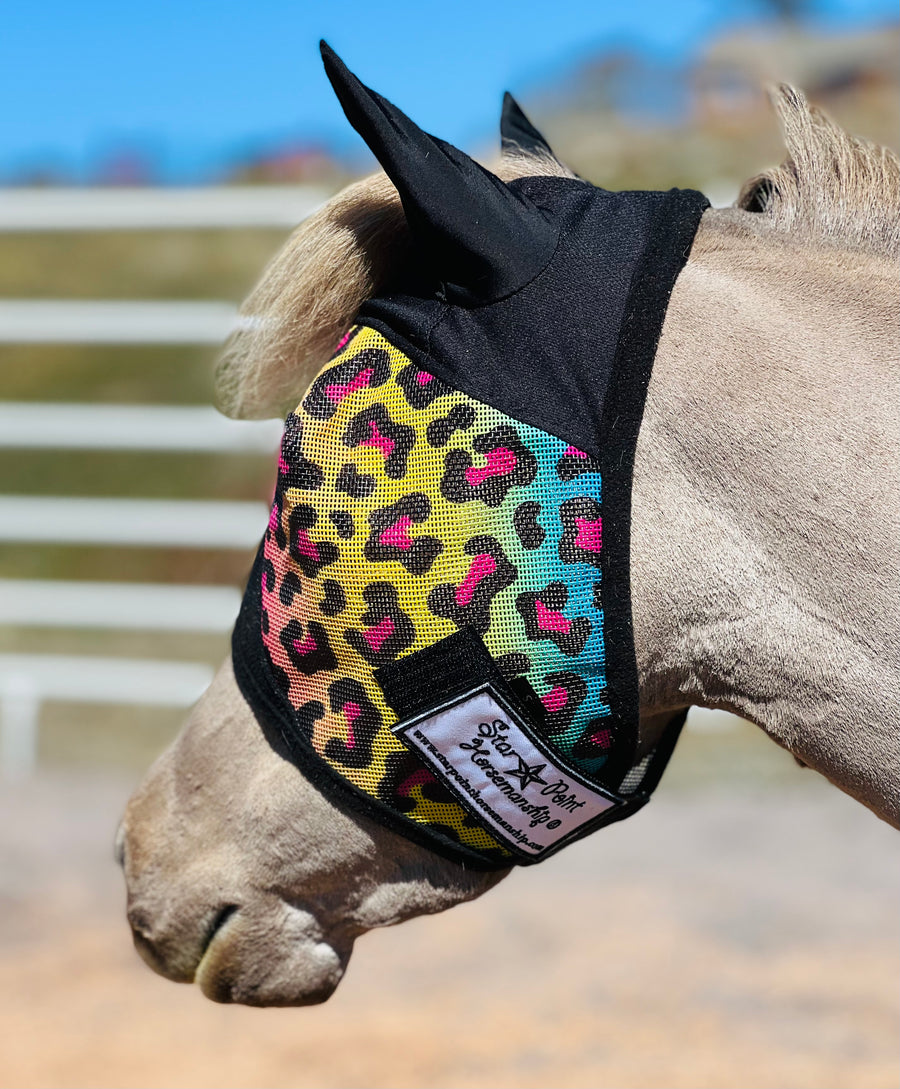 Mini-Pony Rainbow Cheetah Ear Cover UV Fly Mask - Star Point Horsemanship