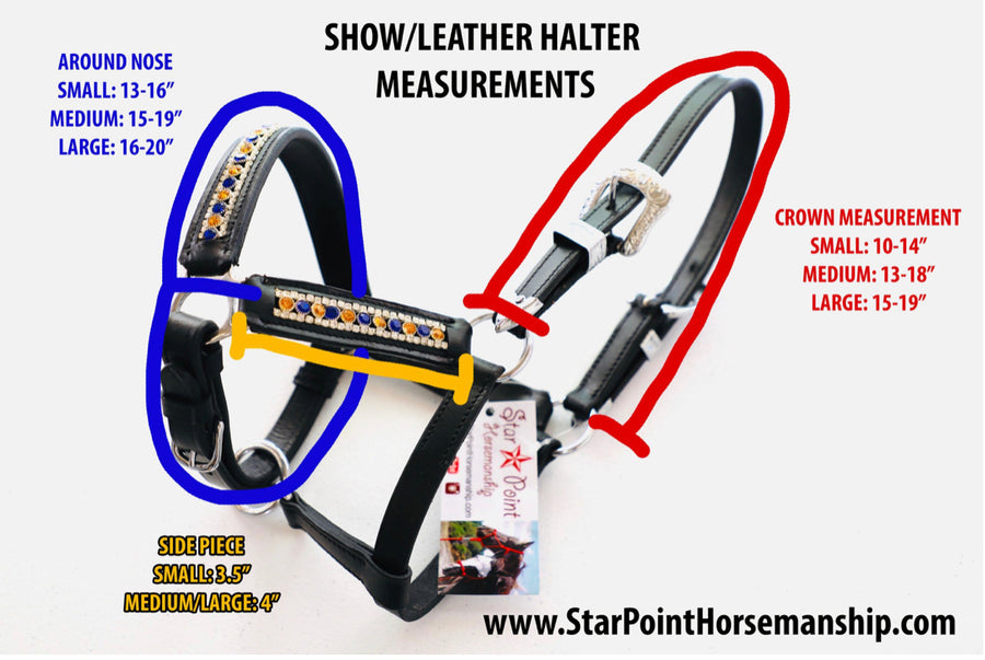 Rhinestone Leather Show Halter & Lead Set - Mini to Horse Size - Star Point Horsemanship